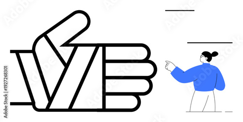 Positive interaction, approval, support, communication, teamwork, feedback. Bold thumbs up abstract icon next to a woman pointing. Positive interaction and approval concept