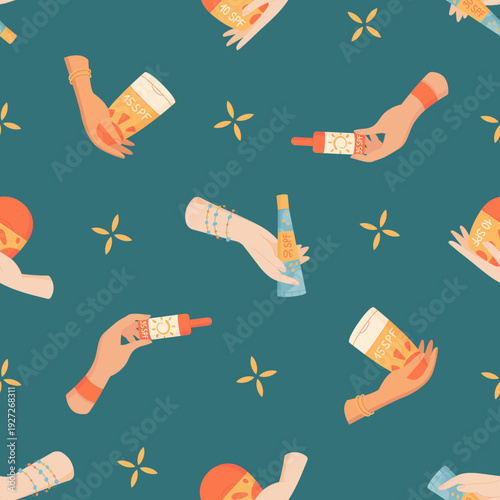 Flat seamless sunscreen bottle pattern set. Tube, spray, lotion and sunblock bottle for skin protection. Sunscreen hold collection, sun, spf, flat seamless pattern, summer set for cosmetic or