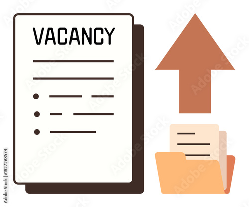 Recruitment, job application, human resources, employment, online submission, career opportunities. Vacancy document, upload arrow and folder graphic. Recruitment and job application theme