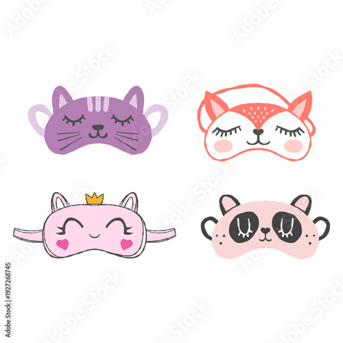 Cute masks for sleeping with animals. doodle style illustration.