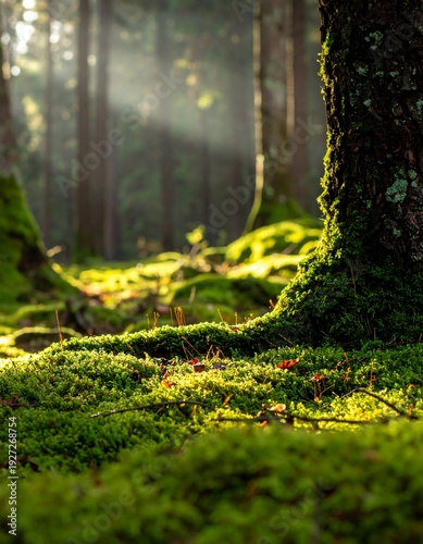 A serene forest scene with moss-covered tree and sunlit greenery