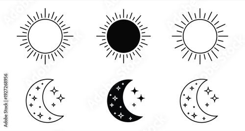 Sun and Moon Symbols Black White Stars Vector Illustration