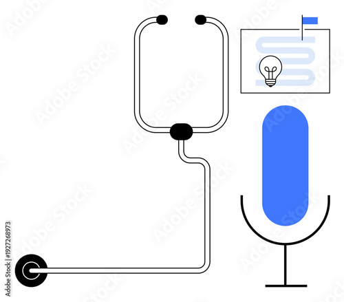 Podcast concept. ion of a microphone, light bulb, and workflow diagram for podcasting. Podcast creative processes, broadcasting, and content generation. For media, creativity communication