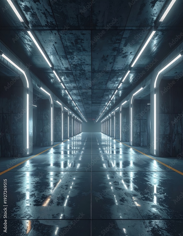 Obraz premium Futuristic Sci-Fi Tunnel with Neon Lights and Wet Reflective Floor.