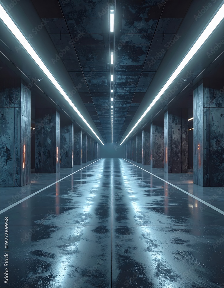 Obraz premium Futuristic Underground Tunnel with Neon Lights and Wet Reflective Floor.