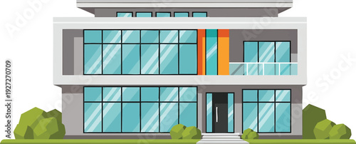 Modern Two-Story Residential House with Large Glass Windows & Balcony in Flat Design Style, Contemporary Home Illustration