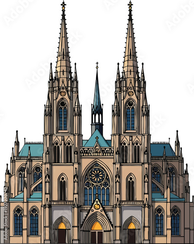 Ornate Gothic Cathedral Facade Vector Illustration with Twin Spires and Rose Window, Isolated Historical European Church Architecture