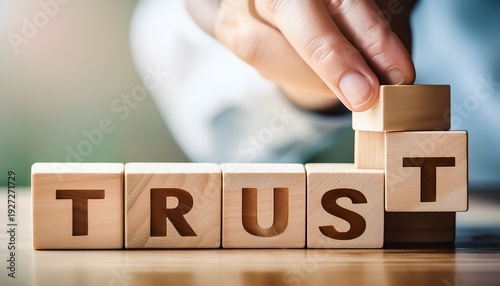 a close up shows the concept trust being built step by step with light wooden blocks on a smooth table surface symbolizing reliability and foundation in business relationships