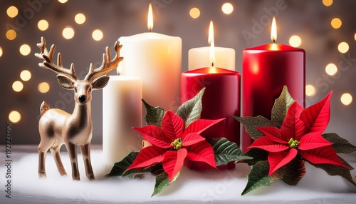 Christmas Decorated Candles Holiday Advent Decor With Deer And Poinsettia
