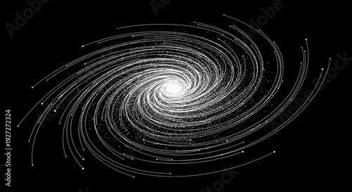 Abstract spiral galaxy illustration in black and white, cosmic particles swirling in deep space, universe background design