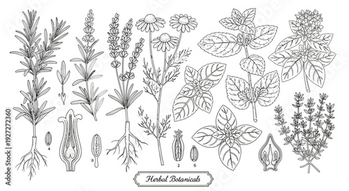 Hand Drawn Botanical Set of Aromatic Culinary and Medicinal Herbs: Rosemary, Lavender, Chamomile, Mint, Basil, Thyme Line Art Illustration