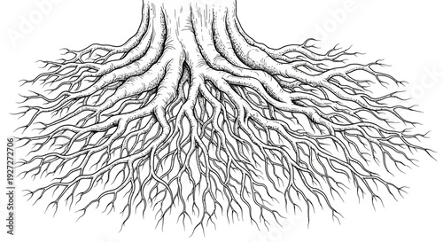 Intricate tree roots illustration. Detailed black and white drawing of a spreading root system. Nature, growth, foundation art.