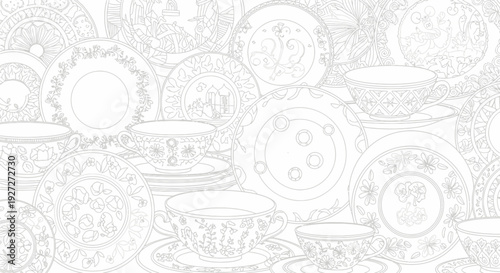 Seamless vector pattern of elegant dinnerware. Ornate plates, bowls, cups with intricate traditional line art decoration on light background.