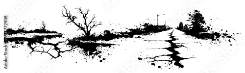 Post apocalyptic landscape silhouette with cracked ground and dead trees in artistic grunge style