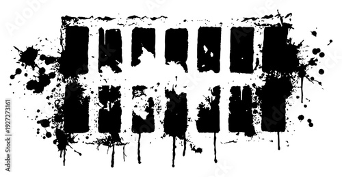 Abstract grunge film strip texture with heavy ink splatters and dripping paint