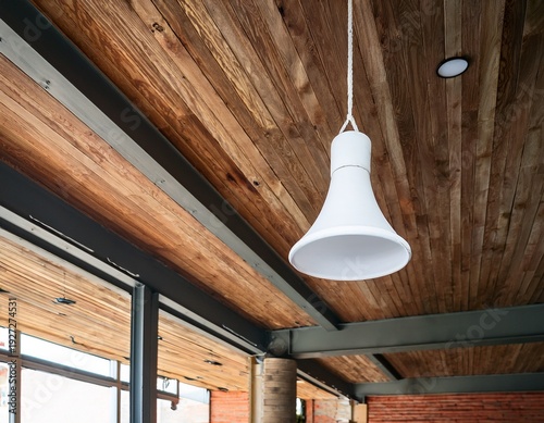 close up of empty white stopper hanging in wooden interior with industrial ceiling mockup