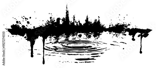 Grunge city skyline silhouette with ink drips and water ripples