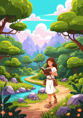 A young girl walking on a path with a book in a vibrant vector illustration of a natural landscape with mountains and trees