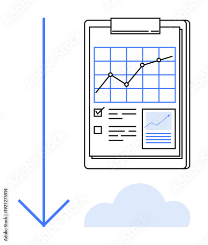 Data management, cloud technology, progress tracking, business analytics, report presentation, digital storage. Document with graph and arrow pointing to cloud. Data management and cloud technology
