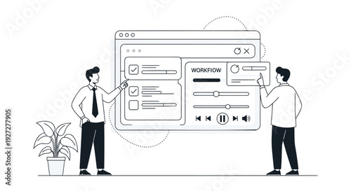 Web development concept with two men and large browser window