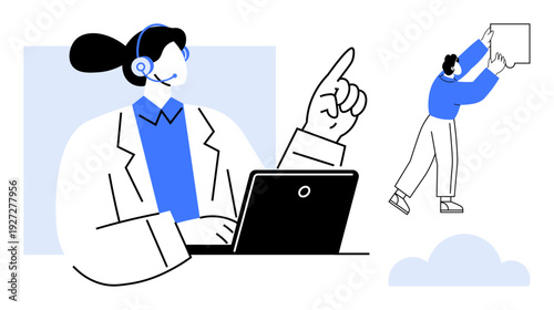 Customer service concept. A female support agent works with a laptop wearing a headset, pointing upward. Includes a cloud collaboration scene. Ideal for teamwork, communication, remote work, customer