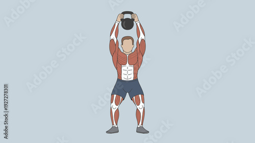 A muscular man holds a kettlebell overhead, demonstrating strength and proper exercise form.