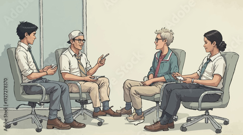 A group of four diverse young adults discusses ideas during an informal meeting.