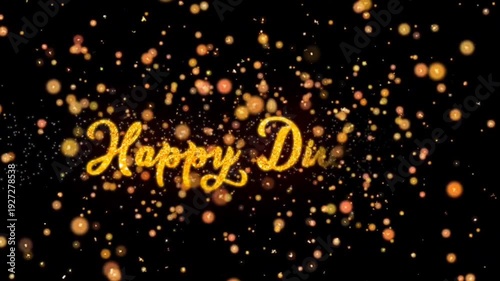 Happy Diwali Festival of Lights Celebration with Golden Glittering Text, Sparkles, Fireworks and Bokeh Lights - Black Background Animation