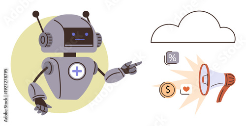 Artificial intelligence, automation, marketing, communication, data analytics, cloud computing. A robot pointing to a cloud and icons thumbs up megaphone, dollar symbol and heart. Artificial