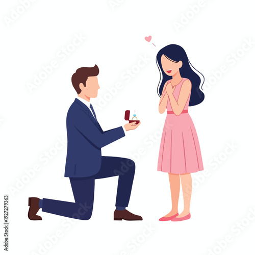 Romantic Proposal Scene with a Man Kneeling and a Woman Holding Heart Symbols