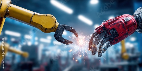 Robotic arms with sparks flying as they connect in a futuristic factory setting