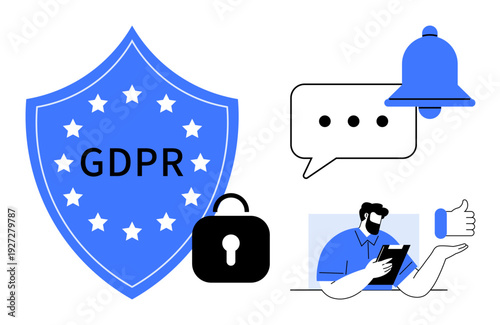 Data privacy, cybersecurity, compliance regulations, online communication, digital data protection, user rights. Blue shield labeled GDPR, speech bubble lock tablet user notification bell. Data