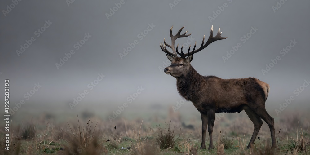 Obraz premium Red deer stag stands majestically in a field on a foggy day