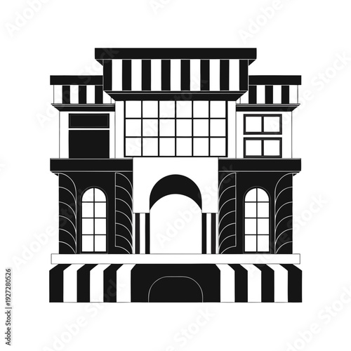 A black and white drawing of a building with a large archway