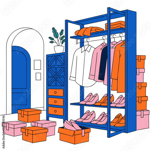 A blue wardrobe with clothes and boxes on the floor