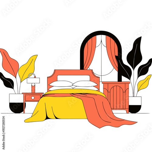 A bedroom with a bed and two plants