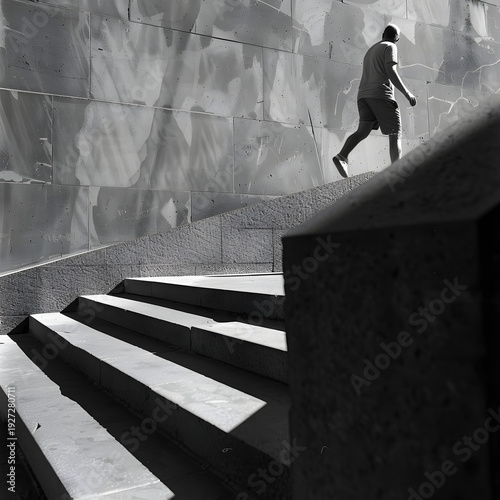 Low angle shot of a man walking up stone stairs with dramatic shadows and geometric architecture