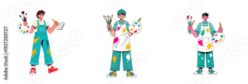 set of artist full body character wearing creative attire and holding art tools, clean modern flat design style, digital art illustration, vibrant colors, isolated on white background, minimal shading