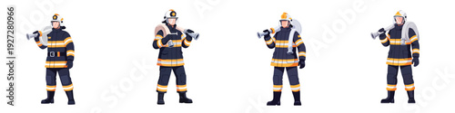 set of firefighter full body character wearing distinctive protective uniform and holding firefighting equipment, clean modern flat design style, digital art illustration, vibrant colors