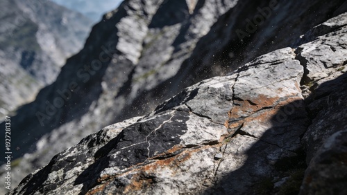 Extreme Close-up Photorealistic Texture of Weathered Granite Rock Face on Steep Mountain Slope with Side Lighting
