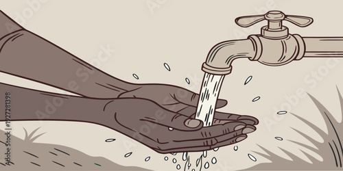 Soiled hands being cleaned under water tap. Sanitation, hygiene awareness and disease prevention concept vector ideal for health campaigns, educational posters and public service design.