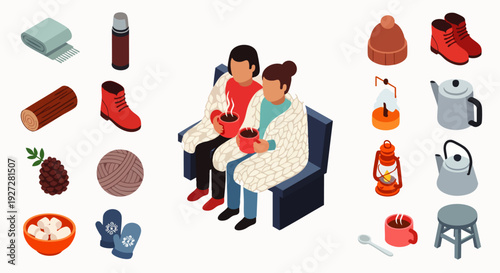 Cozy winter evening isometric set with a couple enjoying warm drinks under a blanket, surrounded by essential cold weather items and camping gear.