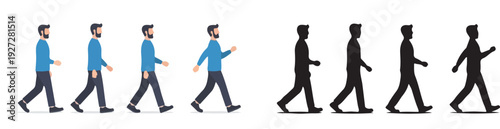 A flat vector illustration showing a side view of a man walking in a full walk cycle sequence. Minimalist flat design, clean lines, simple shapes, soft shadow