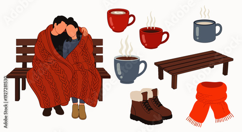 Collection of cozy autumn and winter essentials: a couple under a blanket, hot steaming mugs, warm boots, and a scarf for comfort.