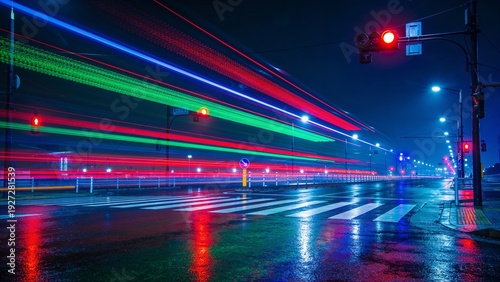 Long Exposure Photograph of Silent Tokyo Scramble Crossing at Night with Saturated Traffic Light Trails and Wet Ground
