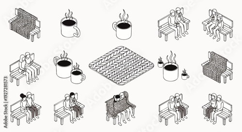 Collection of isometric illustrations depicting people on park benches, coffee cups, and cozy moments in a charming, minimalist line art.