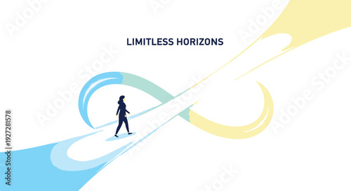 Infinity symbol with person walking, limitless horizons concept