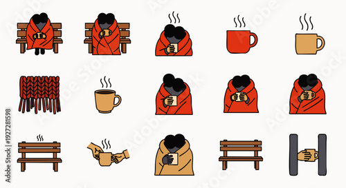 Cozy winter comfort icon set featuring people wrapped in warm blankets, hot steaming mugs, and benches for cold weather relaxation.