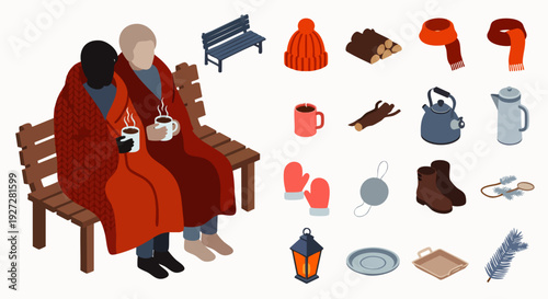 Cozy isometric winter couple on bench with blanket, drinking hot cocoa, surrounded by seasonal comfort items like hat, scarf, firewood, and lantern.