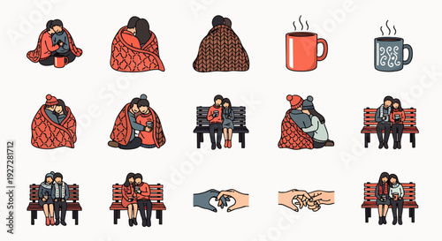 Cozy Winter and Autumn Collection: Illustrations of people wrapped in blankets, loving couples, hot drinks, and symbols of togetherness.
